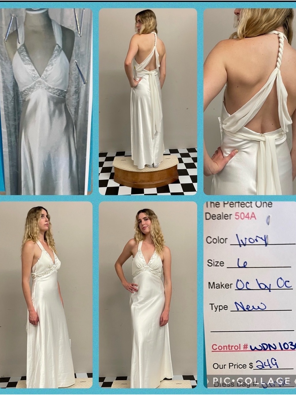 OC by Oleg Cassini Ivory Satin Halter Backless Evening Dress